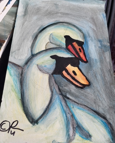 Swan Painting A painting of two swans with white and blue feathers, their heads gracefully curved together. Their beaks are orange and black, and the background is a mix of blue and grey tones.