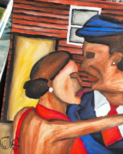 Couple Painting A painting of a couple dancing closely. The woman has brown hair in a bun, wears pearl earrings and a red dress. The man has dark hair, wears a blue cap, a navy suit, and a red tie. The background has a wooden red wall, a yellow-lit doorway, and a white-framed window.