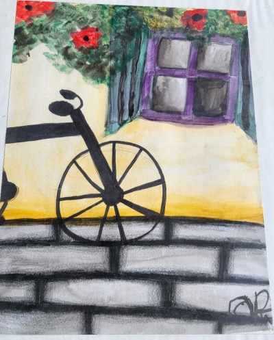 Bike Painting A painting of a bicycle with only the front wheel and handlebars visible. The background features a yellow wall with a purple window, green foliage, and red flowers. The ground is made of grey cobblestones.