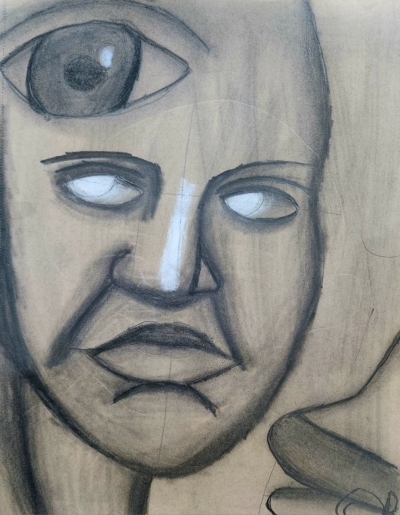 Three Eye Painting A charcoal drawing of a surreal face with three eyes—two normal ones and a large third eye on the forehead. The regular eyes are blank, and the face has a serious expression. A hand is partially visible in the bottom right corner.