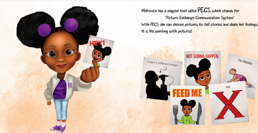 An illustration of McKenzie. She is wearing a white jacket with an "M" on it, light blue jeans, and purple sneakers. She holds up a picture card that says "HEY!" in bold letters. Next to her are various PECS (Picture Exchange Communication System) cards with different messages like "NOT GONNA HAPPEN," "FEED ME," and "I'm Ready." The text reads: "McKenzie has a magical tool called PECS, which stands for 'Picture Exchange Communication System.' With PECS, she can choose pictures to tell stories and share her feelings. It is like painting with pictures!"