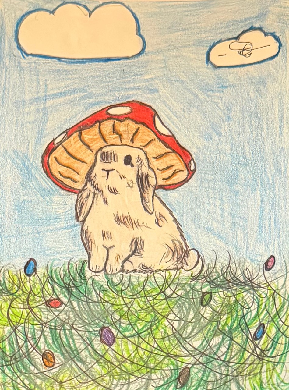 A drawing shows a small rabbit sitting on green grass, wearing a red mushroom cap with white spots like a hat. The sky is light blue with two simple cloud shapes above. Colored pencil lines are loose and scribbled, giving the grass and ground a busy, textured look.