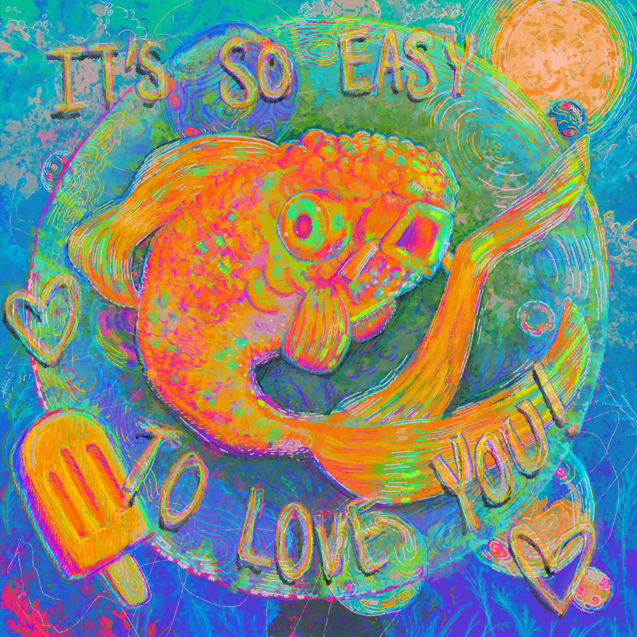 A bright, digital-style artwork shows a large goldfish in the center, surrounded by swirling shapes and glowing colors. The fish is orange and yellow with detailed scales and a large eye, set against a blue and green background with curved lines and circular patterns. Words around the image read “It’s so easy to love you,” with hearts and soft shapes filling the space.