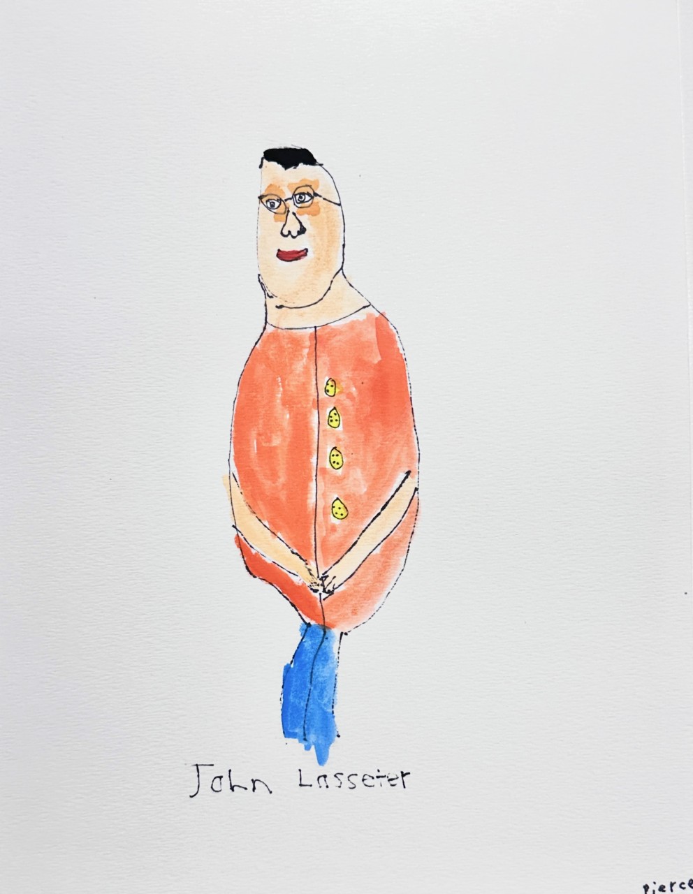 A simple watercolor drawing shows a single figure standing in the center of a blank white page. The person wears an orange coat with yellow buttons and blue pants, with a lightly drawn face, short dark hair, and small hands folded in front. Thin ink lines and soft washes of color give the piece a loose, handmade look.