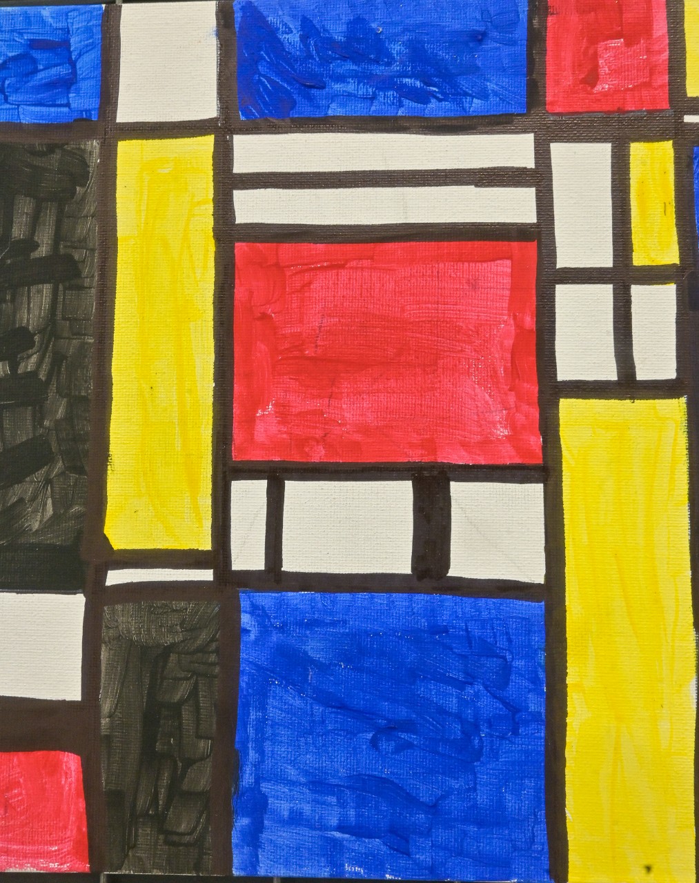 A painting shows a grid of thick black lines dividing the canvas into rectangles of different sizes. The spaces are filled with bold colors like red, blue, yellow, white, and black. Brush strokes are visible, giving the flat shapes a slightly textured, hand-painted look.