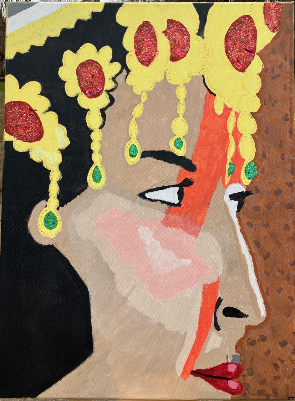 A stylized portrait shows a woman in profile, with her face turned to the right and filling most of the canvas. Her skin is painted in flat areas of tan, peach, and brown, and she wears large yellow floral headpieces and long earrings with green details. Thick paint and glitter add texture, while the bold shapes give the portrait a clean, graphic look.