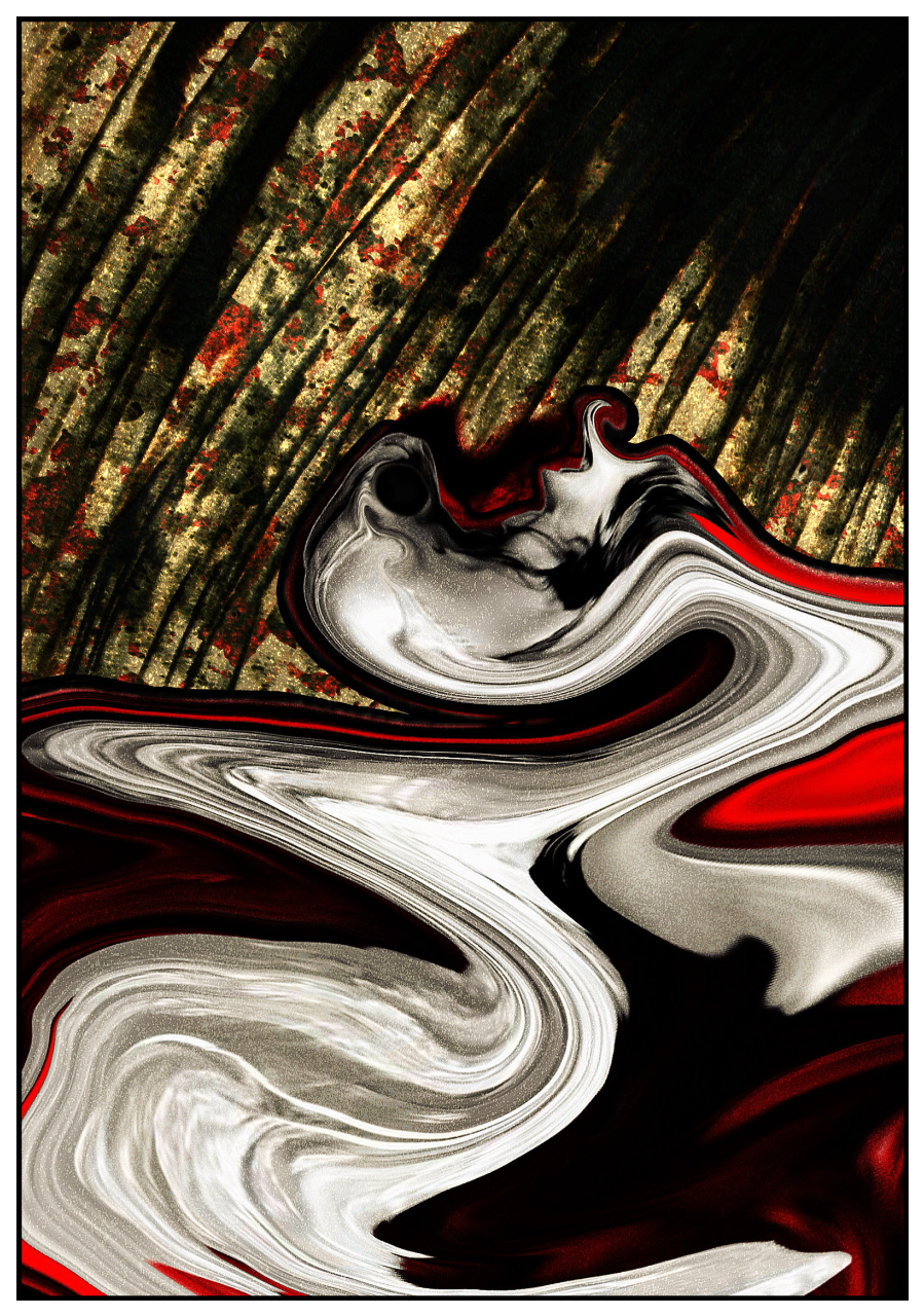 An abstract image is filled with flowing shapes that look like paint being pulled and stretched across the surface. Wide bands of white, black, and deep red curve across the lower half, while the upper background is covered in dark, streaked lines with gold and red flecks. The smooth swirls stand out against the rougher background texture.