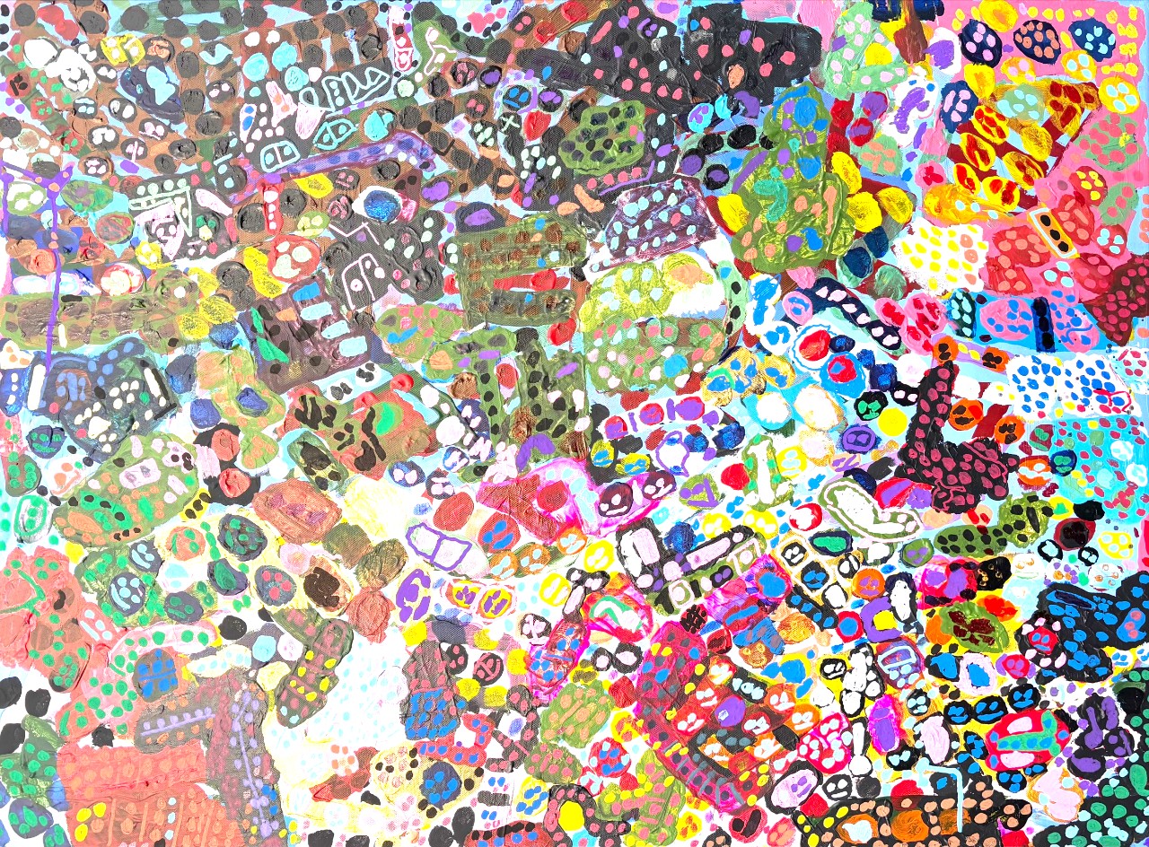 A large painting is filled edge to edge with many small, colorful shapes and patterns that overlap and connect across the surface. Bright colors like pink, green, blue, yellow, and black form clusters of dots, lines, and rounded shapes. Thick paint and layered marks create a busy, textured surface with no single focal point.