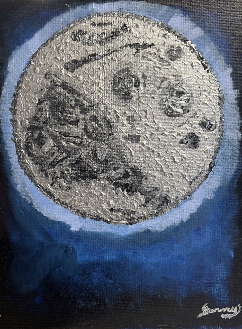 A painting of a large full moon sits near the center of a dark blue sky. The moon is painted in gray and white with thick, rough texture that suggests craters and uneven ground. A pale blue glow circles around it, helping the moon stand out from the deep, shadowy background.