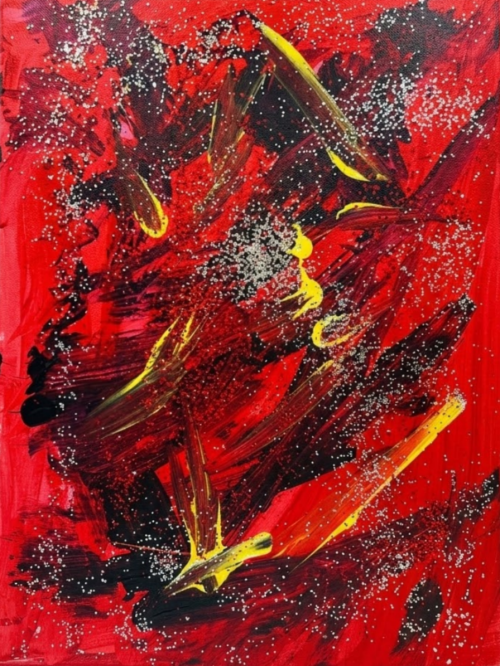 An abstract painting filled with bold red paint and wide black brushstrokes sweeping across the canvas. Sharp yellow streaks cut through the center, and scattered white glitter create a textured, almost splattered surface. The layered marks and strong contrast create a sense of fast movement.