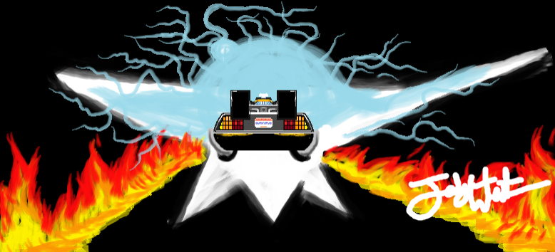 In the center is a souped-up race car, that is outlined by what looks like an plane or rocket ship, which is white and light blue with electrical currents coming off of it. From both sides of the airplane or rocket wings are long trails of burning flames.
