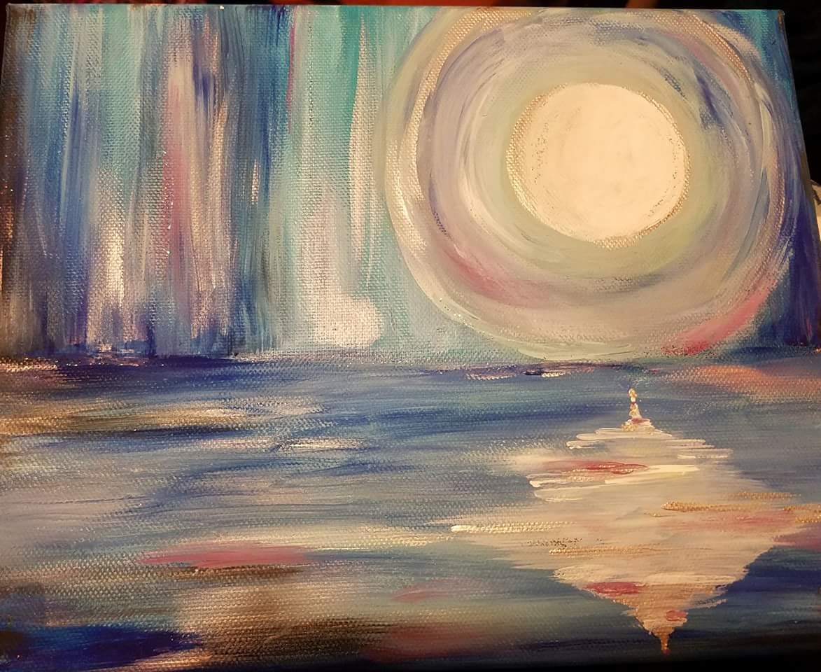 a painting by Christy Earheart called, “Untitled #2”. Although this is an abstract painting, it clearly represents a sun reflecting on a body of water, and contains the colors yellow, red, blue and green. 