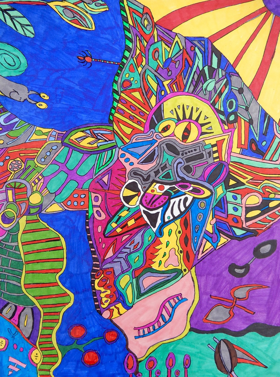 It is a very colorful abstract painting that has many small shapes in big environments. Part of it looks like the ocean or a pond, another part of it looks like outer space. There are creatures and a huge object near the middle that looks like a mechanical beast. It is dazzling and very imaginative. 