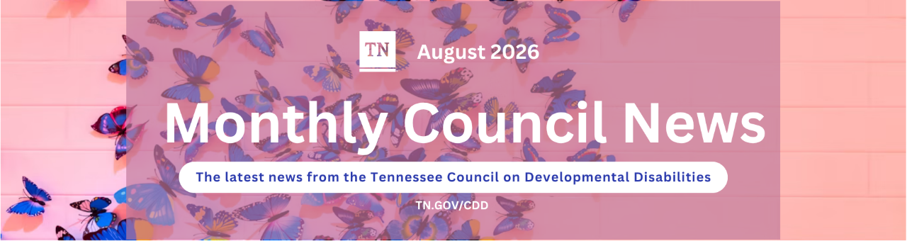 E-News - 1 Newsletter banner with a wall of pink-painted brick as the background, scattered with paper butterflies in shades of blue and purple. A dark translucent panel sits over the center of the image, holding the Tennessee state logo and the newsletter title text.