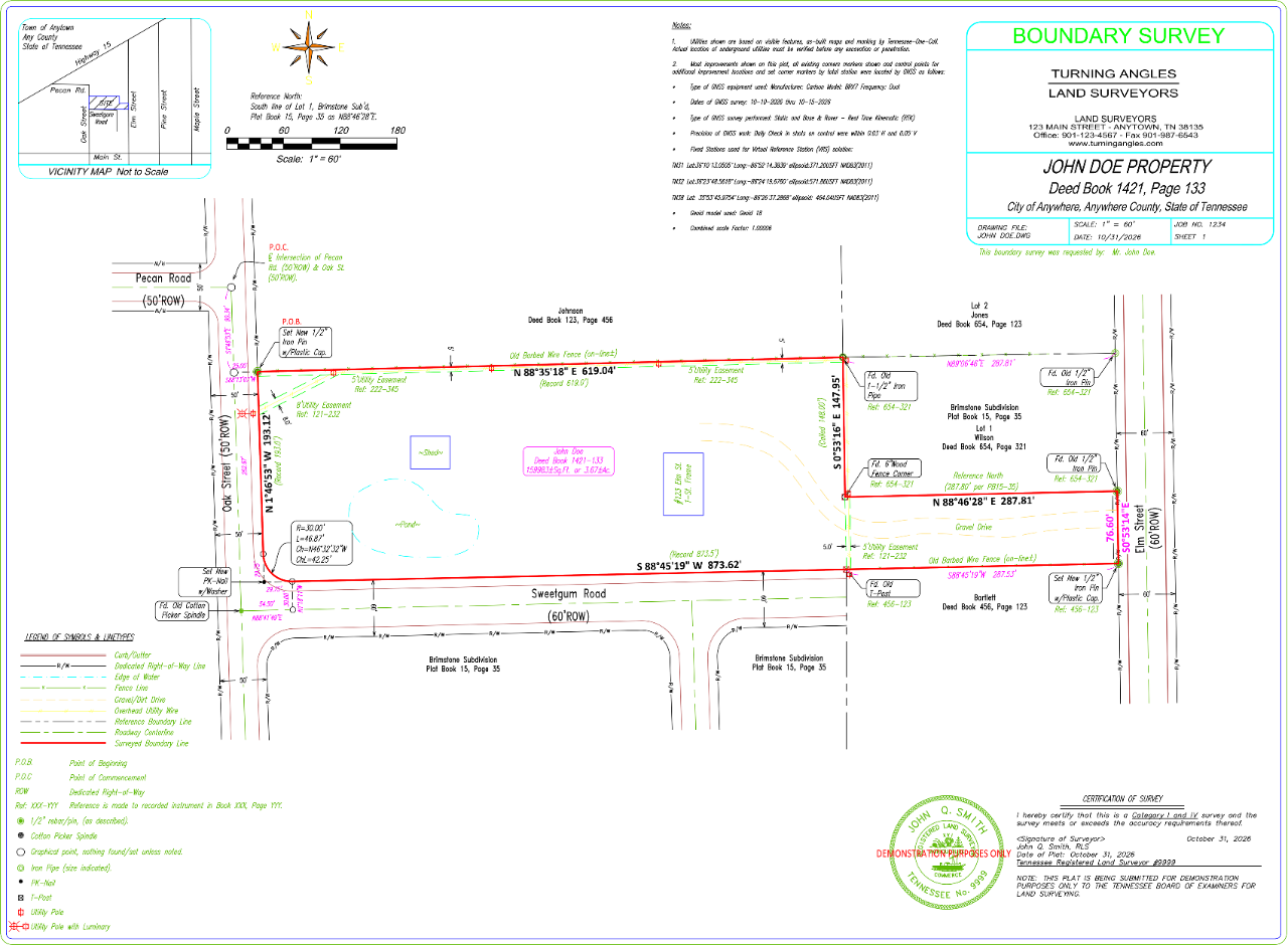 Land Surveyors - Plat Requirements: Example Boundary Plat Example of a boundary survey (demonstration only). The survey depicts the subject property's surveyed boundary and dimensions; adjoining streets and rights-of-way; neighboring parcels; easements; fences and other relevant property features; found and set survey monuments; utility features; a vicinity map; north arrow; graphic and written scale; legend of symbols and line types; survey notes and references; property/deed identification; surveyor/title information; drawing date and revision information; and certification/seal. Bearings and distances are shown along surveyed boundary lines. The example uses fictitious property and survey information for demonstration purposes only.