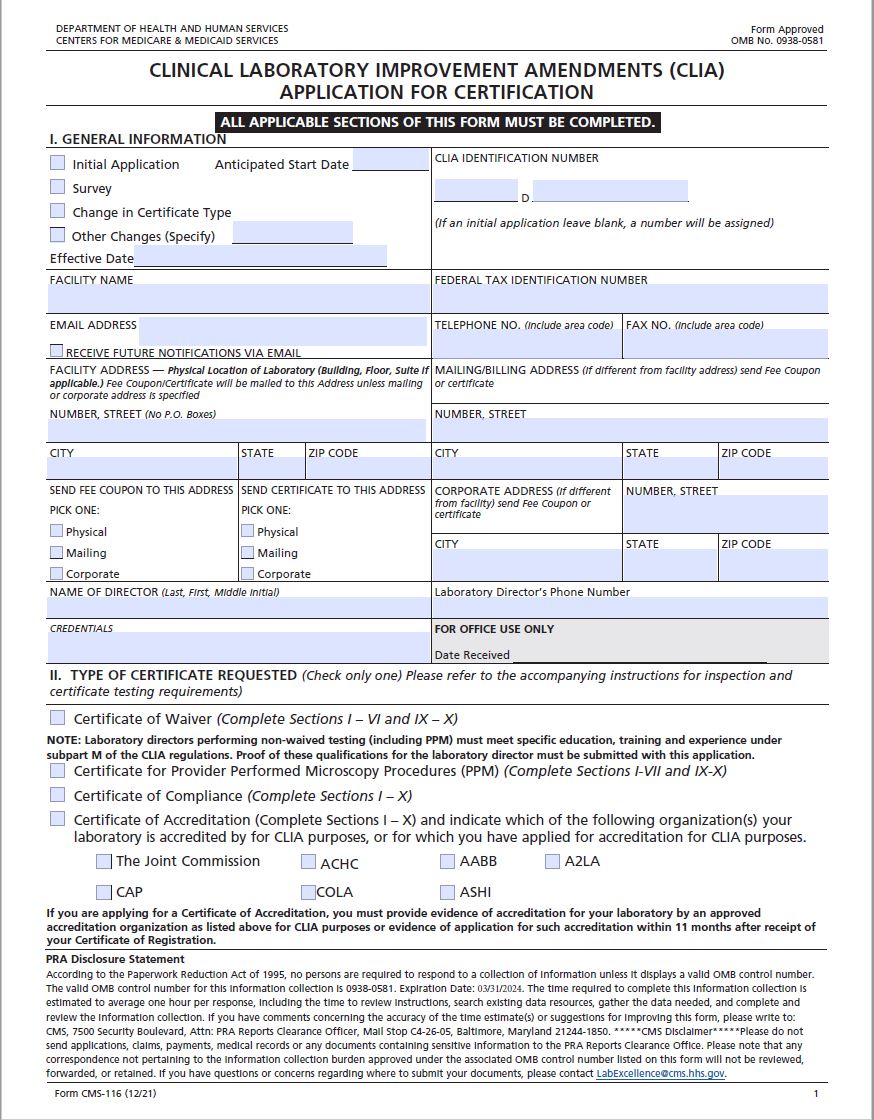 CLIA forms, resources, links and instructions