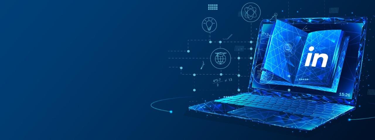 LinkedIn logo on a blue toned digital sketch of a laptop with a 3D open book on the screen with turning pages, and emerging from the screen are connected lines, dots, and icons representing academic advancement and eduation.