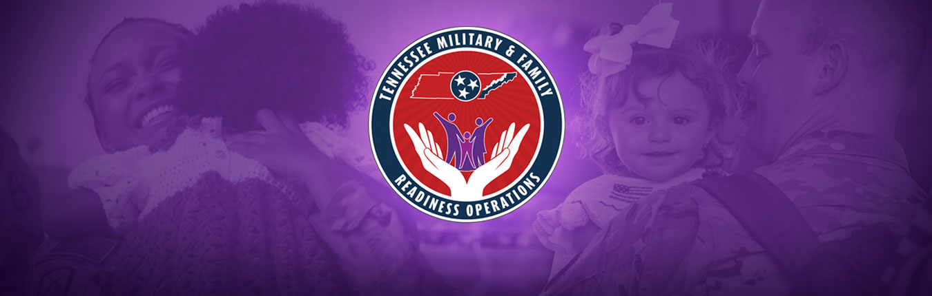Military Family Programs logo - a red and blue circle logo with two hands holding a purple graphic of a family and the state of Tennessee outline with a tri star toward the top of the logo - The entire logo is then set on a purple background.