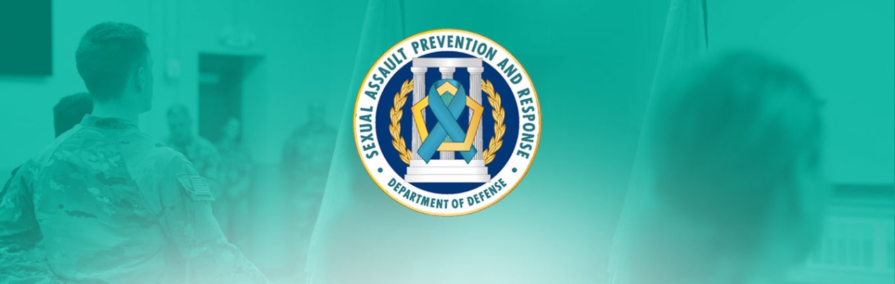 Sexual Harassment Assault Response and Prevention logo - A blue and white logo with Greek columns in the center and a blue ribbon on top of them with a gold pentagon and gold laurels. The entire logo is set on a teal banner or background