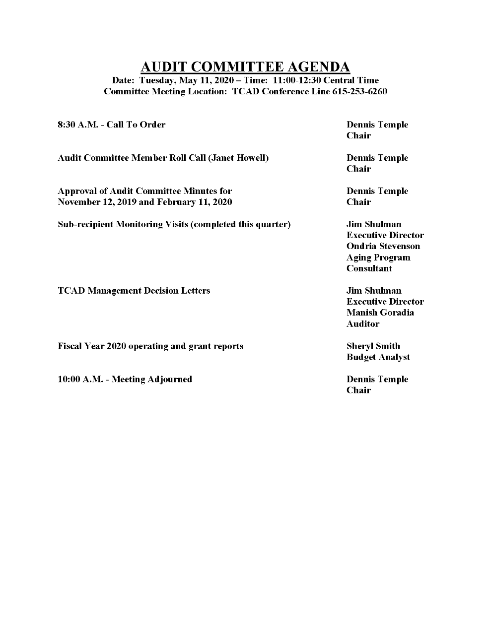 Agenda - Audit Committee Mtg -May 12 2020