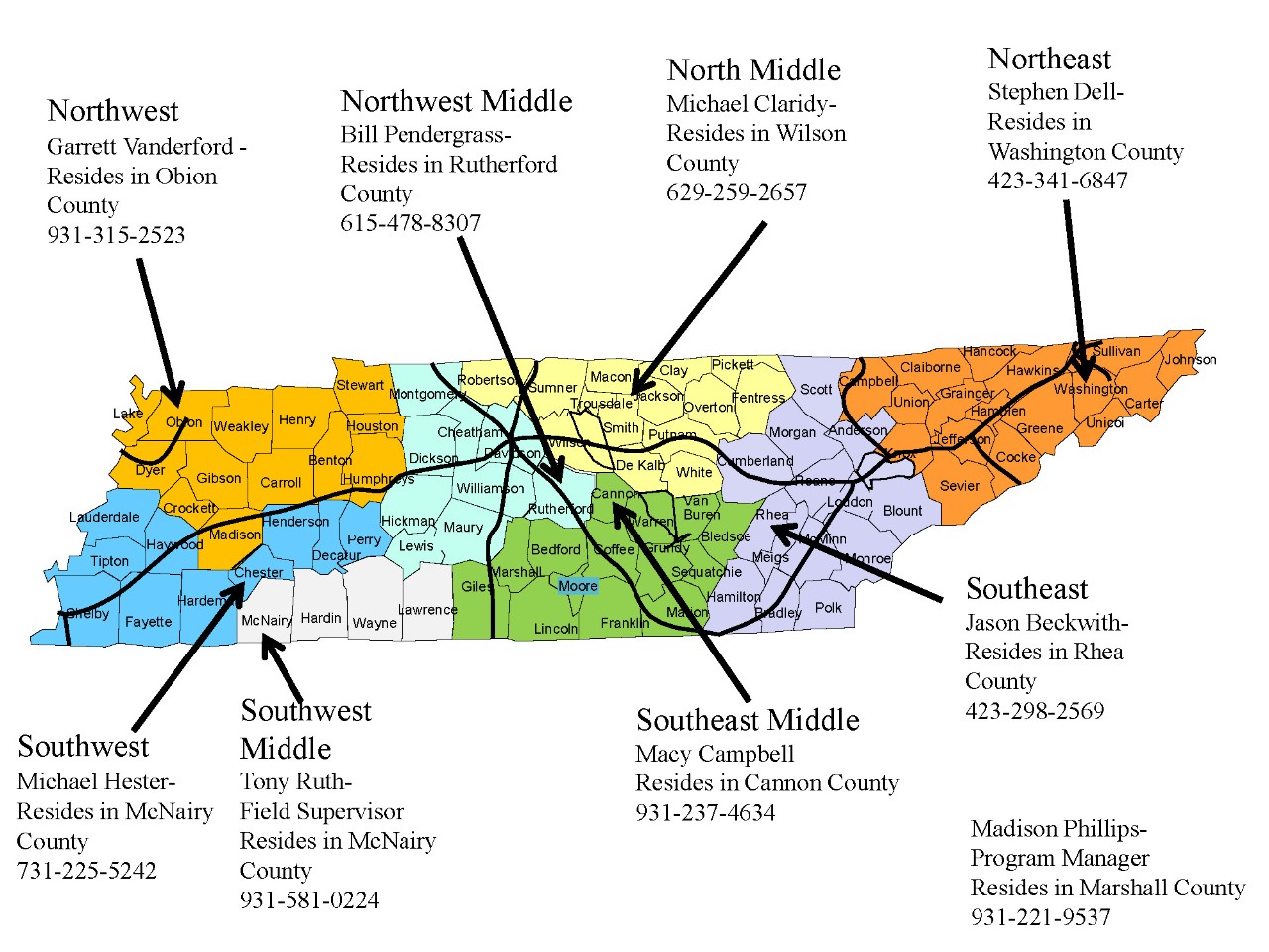 AgInputs Territory Map w Numbers Ag Inputs map of Tennessee county covered regions of staff, see detailed inspector regions and contact info below image