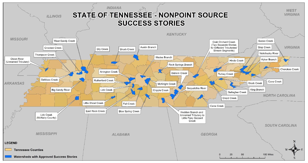 Map of the State of Tennessee's Nonpoint Source Success Story Watersheds