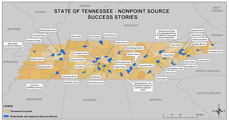 Map of the State of Tennessee's Nonpoint Source Success Story Watersheds