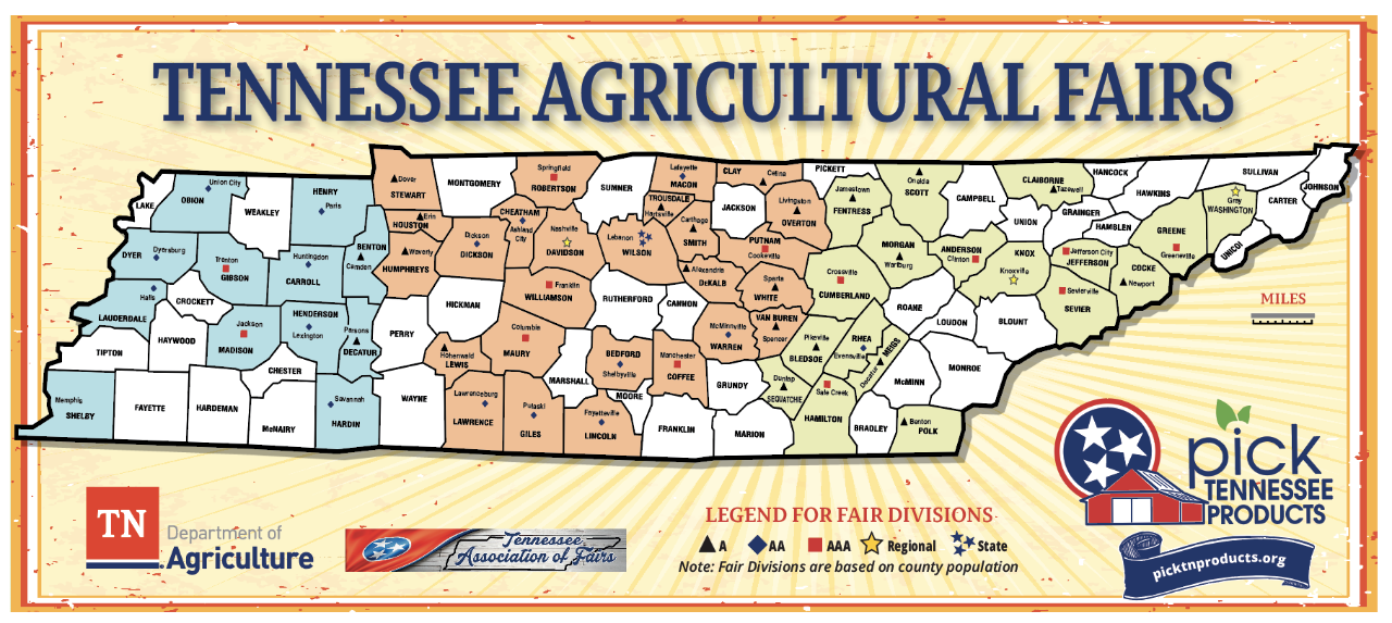 Tennessee County Fairs showing each county location in every country hosting and agriculture fair.
