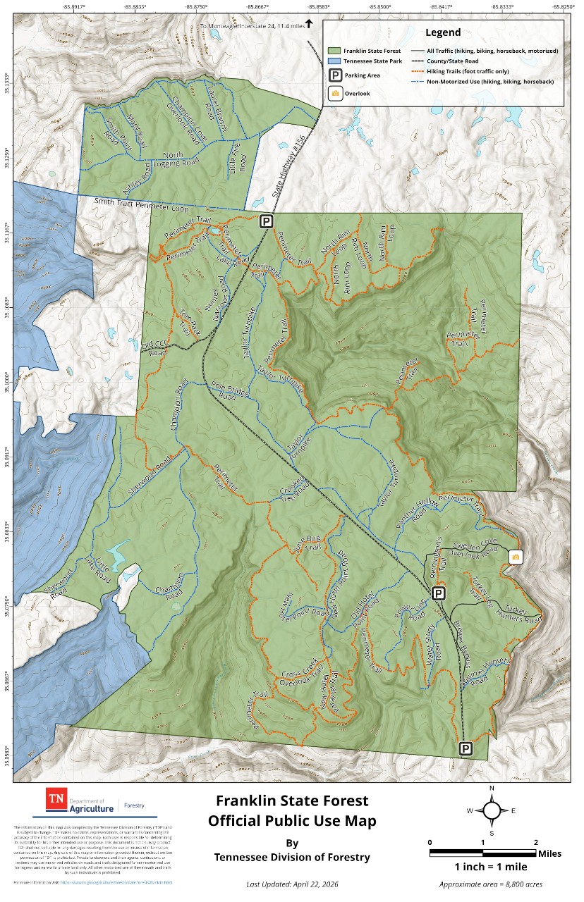 Official Public Use Map of Franklin State Forest, about 8,800 acres, published by the Tennessee Division of Forestry. The map shows the forest boundary, trail system, road designations, parking areas and an overlook.