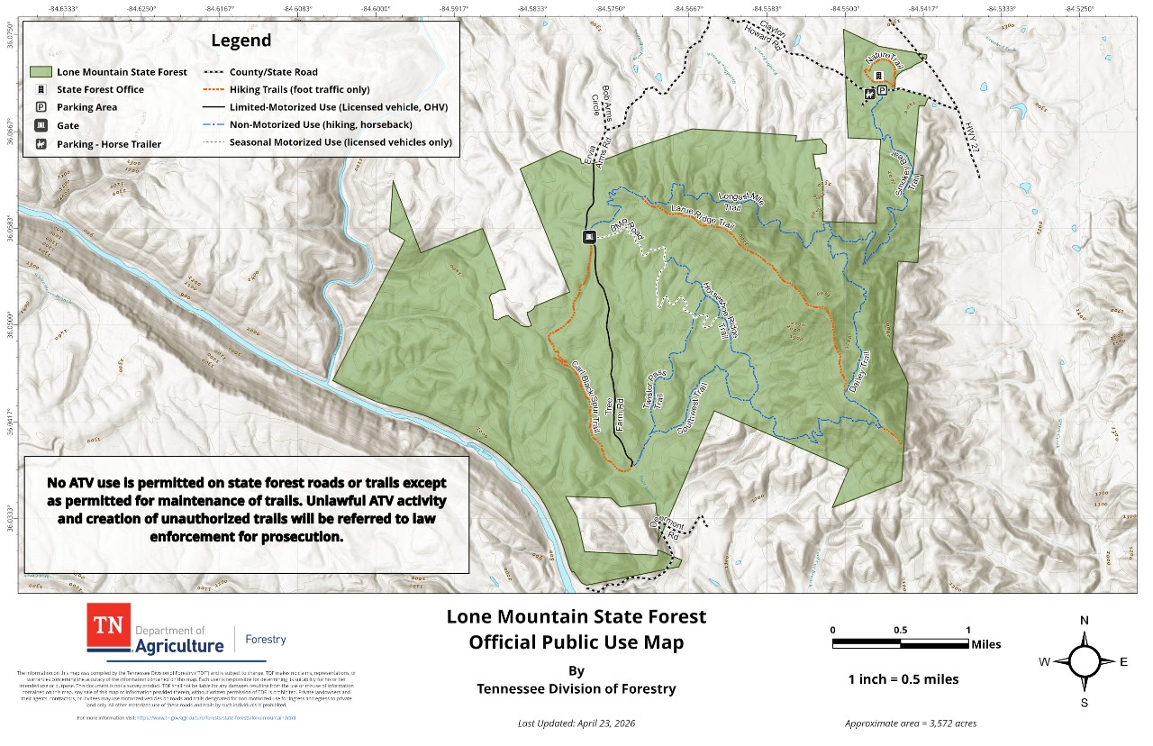 Official Public Use Map of Lone Mountain State Forest, approximately 3,572 acres. The map shows the forest boundary, trail system, and road designations: hiking-only trails, non-motorized trails open to hiking and horseback, BMP Road for limited-motorized use, and seasonal motorized routes. The State Forest Office, public parking, and horse trailer parking are located in a detached northeastern parcel.