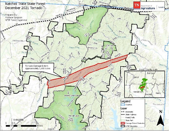 Map of path on December 10, 2021 strong tornado passed through central Henderson County damaging homes and severely affecting several thousand acres of timberland. The tornado cut a path approximately 6-miles long through Natchez Trace State Forest, causing heavy damage to approximately 1,400 acres of state property managed by the Tennessee Department of Agriculture Division of Forestry (TDF).