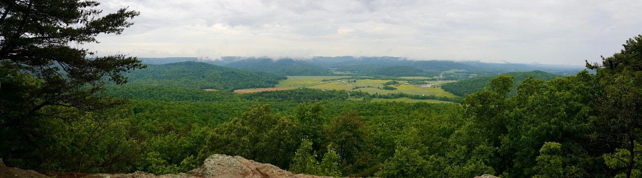 Panoramic view from rocky overlook in Pickett State Forest, Tennessee: lush green valley with rolling hills, fields, and low clouds.