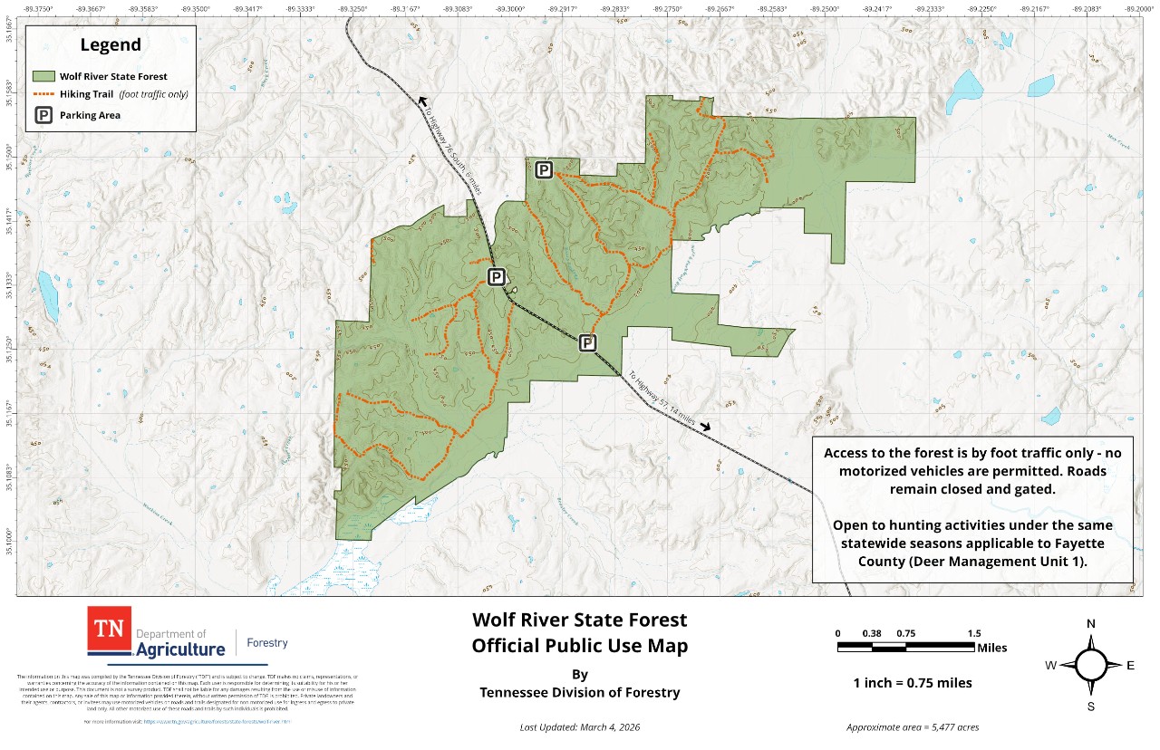 Official Public Use Map of Wolf River State Forest in Fayette County, about 5,477 acres, published by the Tennessee Division of Forestry. The map shows the forest boundary, hiking trail system and parking areas. Access is by foot traffic only.