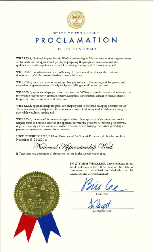 Governor's Proclamation of 2021 National Apprenticeship Week in Tennessee