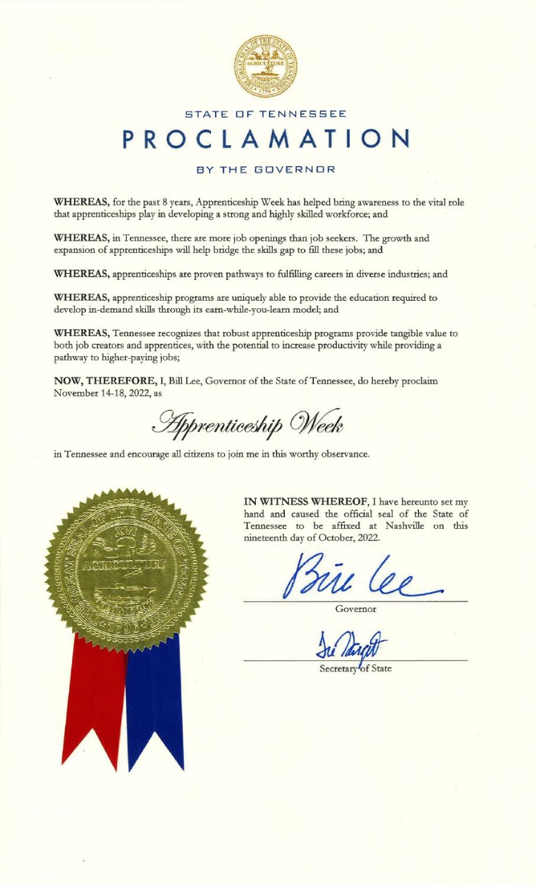Governor Bill Lee's Proclamation for 2022 Apprenticeship Week