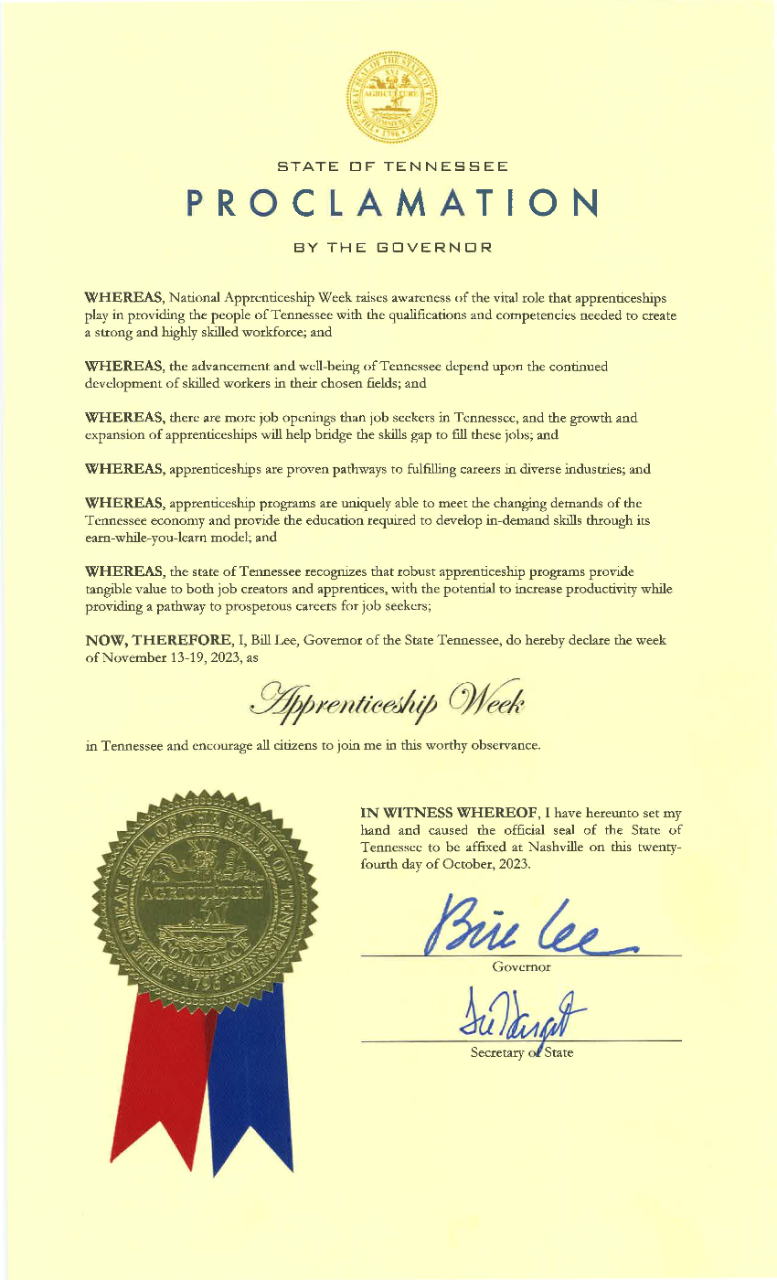 2023 Apprenticeship Week Proclamation by the Governor of Tennessee