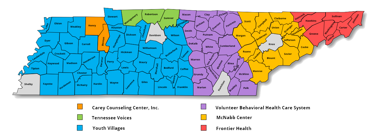 image of tennessee map showing counties and providers in the JJR program.  Same information is published below in accessible table format.