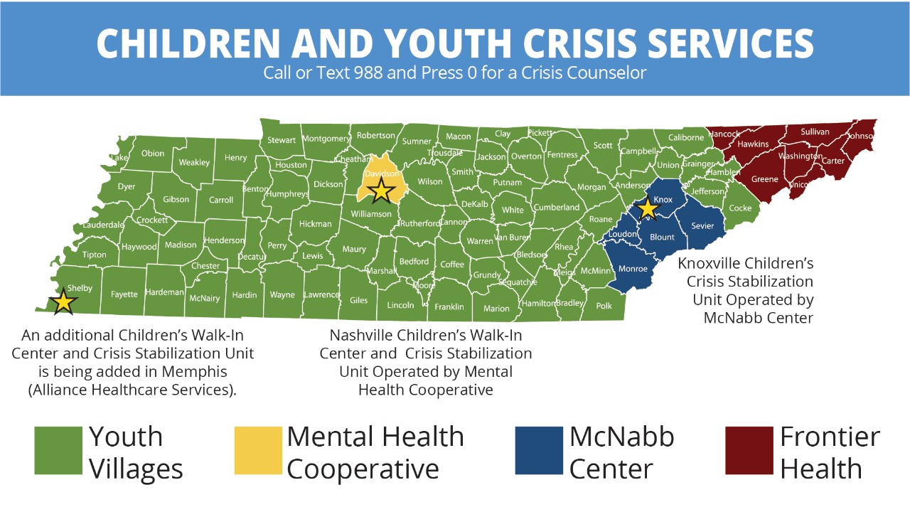 Image of tennessee map showing children and youth crisis providers