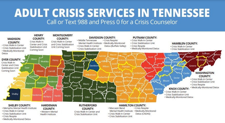 map of crisis services providers in tennessee.  Information in this map is accessible in the table at the bottom of this page.