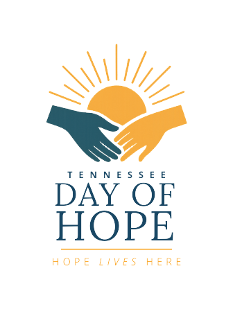 tennessee day of hope logo showing sunrise and hands in partnership with tagline hope lives here