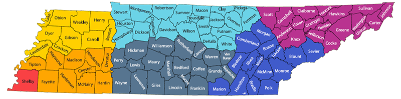 map of tennessee showing the state broken into different regions covered by the faith-based community coordinators