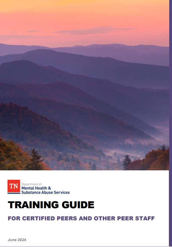 cover image of certified peer recovery specialist training guide showing department of mental health and substance abuse services logo and decorative sunset image from great smoky mountains