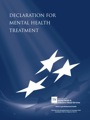 cover page from Declaration for mental health treatment booklet showing blue background, tennessee tri-star stylized image, department of mental health and substance abuse services logo.