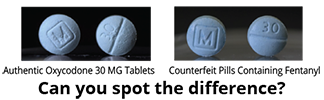 illustration showing authentic oxycodone and counterfeit pills containing fentanyl