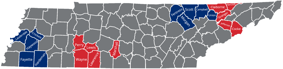 Project Rural Recovery County Coverage Map.  information on this map is presented elsewhere on this page.