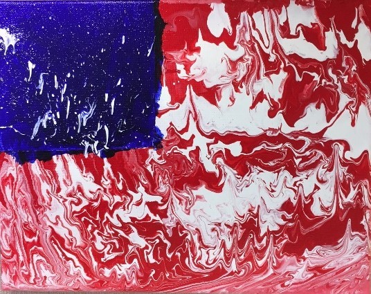 a horizontal rectangular painting with a bright blue square section at the top left, and then the rest of the canvas features waves or swirls of red and white that appear like the red and white stripes of the American flag