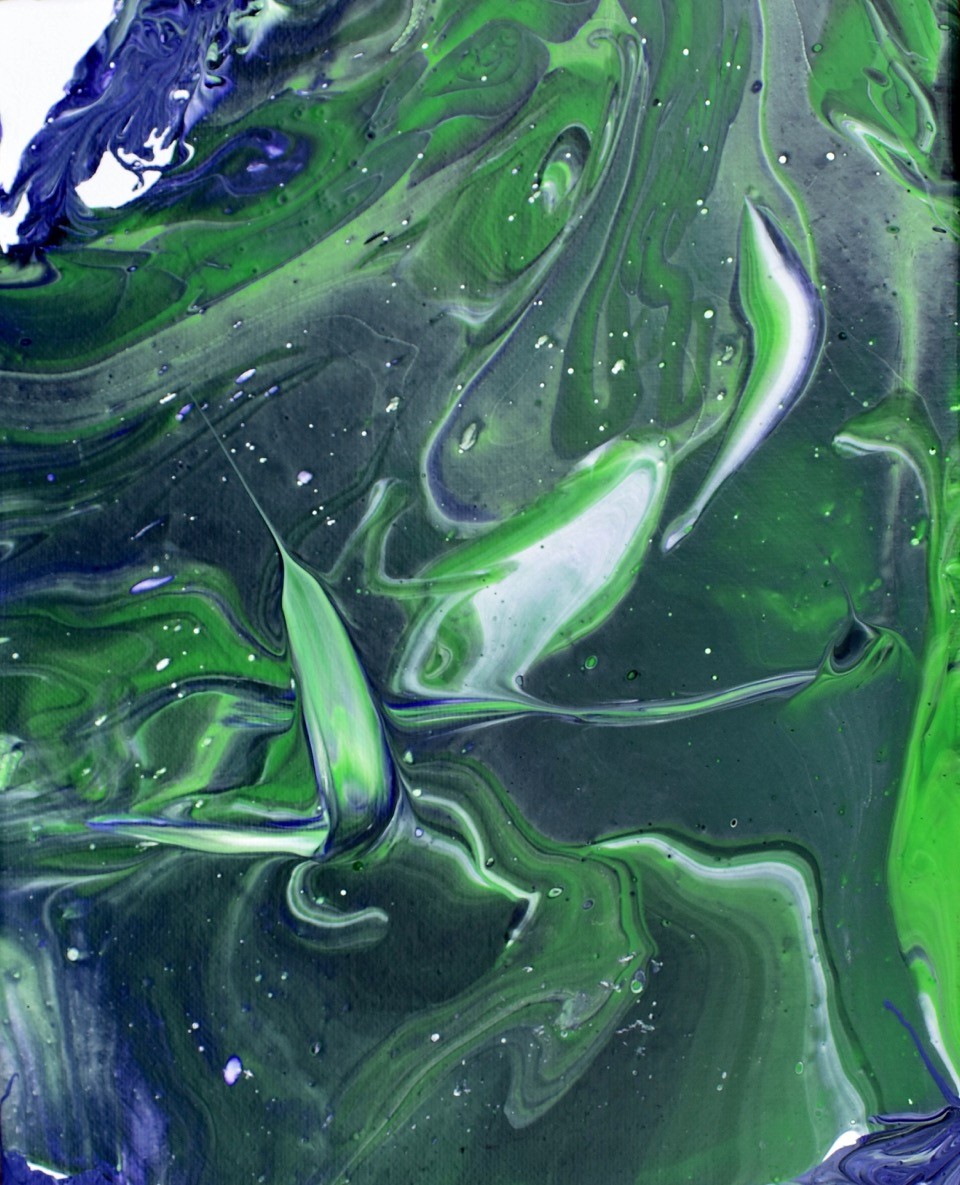 A painting with swirling patterns of cool colors like blues and greens, reminiscent of the surface of a body of water like a pond, with white spots that look almost like bubbles.