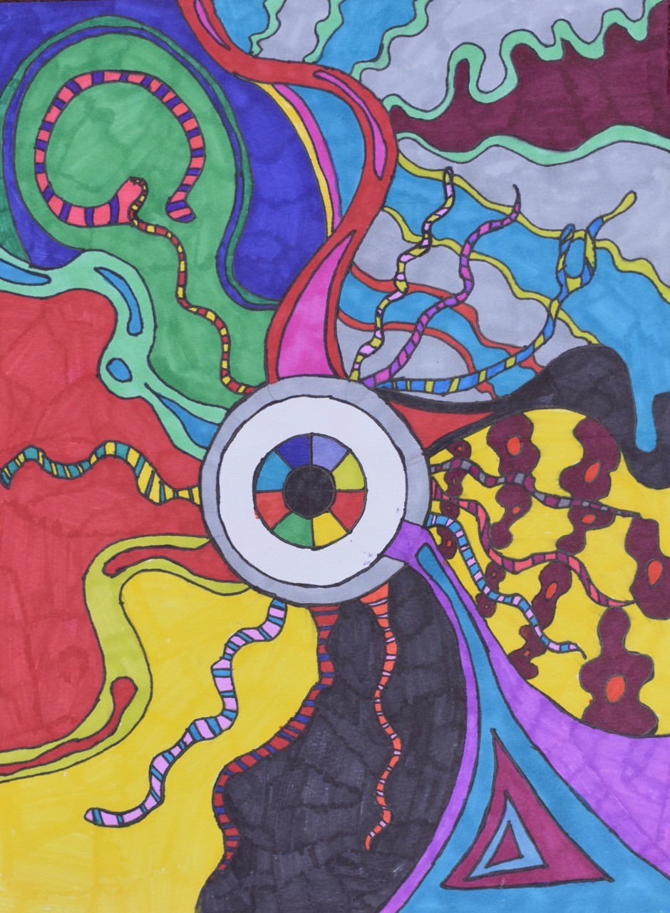 This piece of art shows all sorts of abstract swirls and patterns and curves of color. The center shows a wheel divided into different colors, and from the center radiates out different patterns – stripes, odd flower shapes, various twisting lines, triangles, what looks like striped snake creatures. All sorts of colors are included in different parts of the drawing.