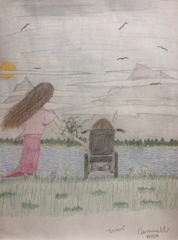 A colored pencil drawing of two young girls facing away, towards a view of a lake with mountains in the background and birds in the sky. The two girls are at the water’s edge, holding hands. One sister is in a pink shirt and pink skirt, with long brown hair blowing in the wind. The other sister is seated in a wheelchair and she is pointing in the distance to the mountains or the birds to show her sister.