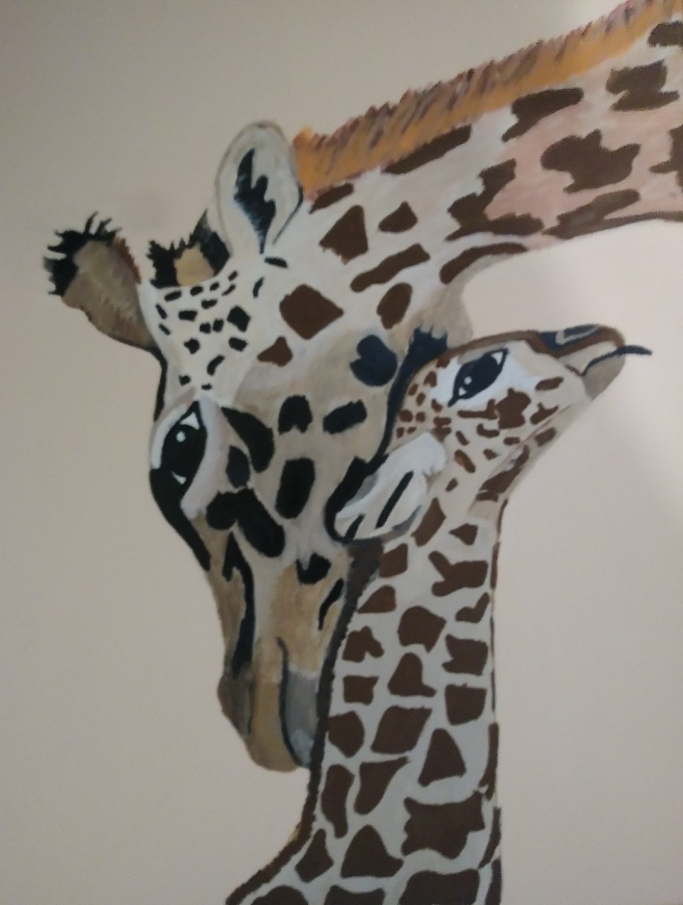 A realistic-looking drawing or painting of a larger parent giraffe reaching its head down to nuzzle the head of a smaller baby giraffe. 